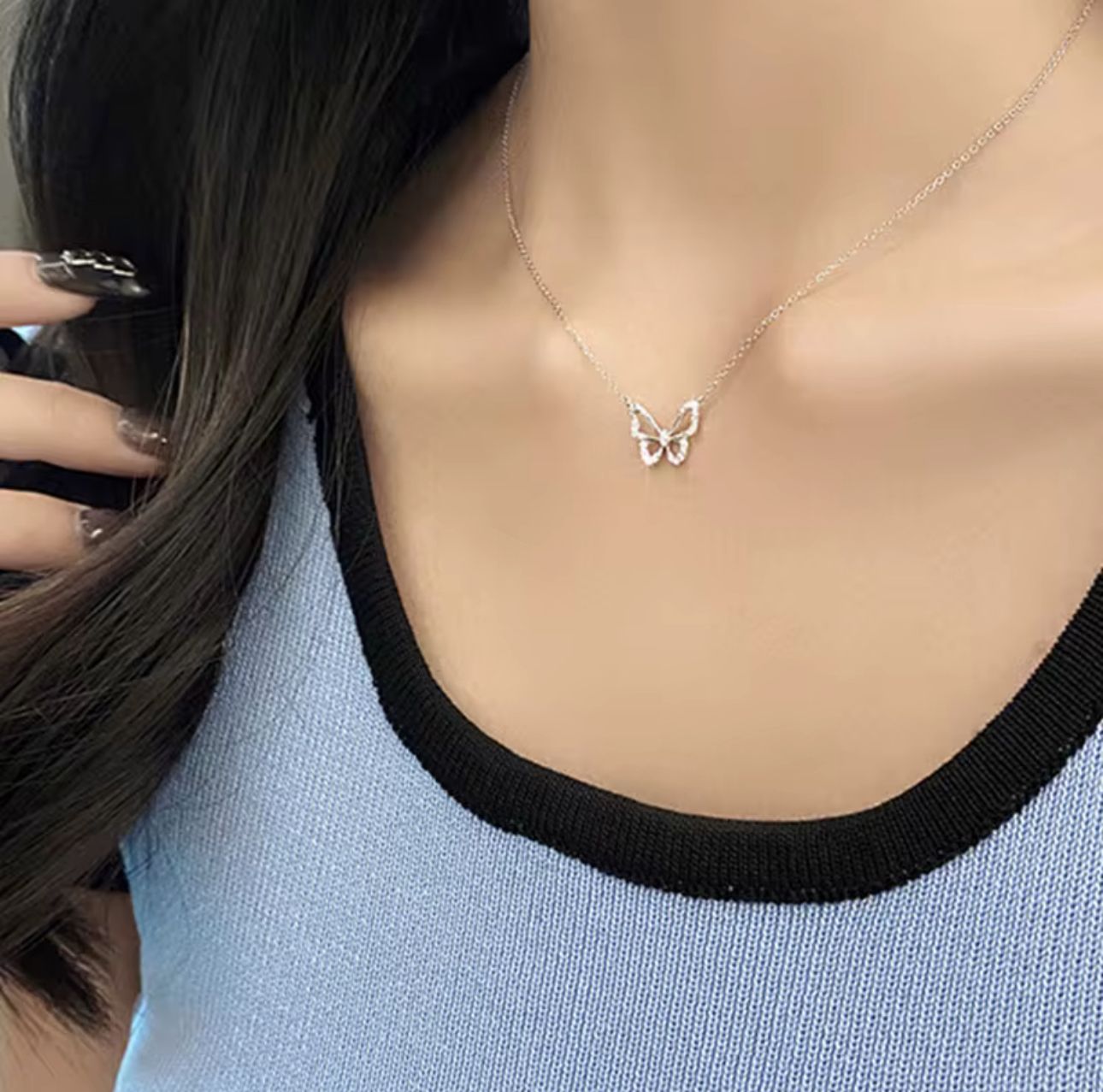 Elegant Zircon Butterfly Pendant Choker Necklace