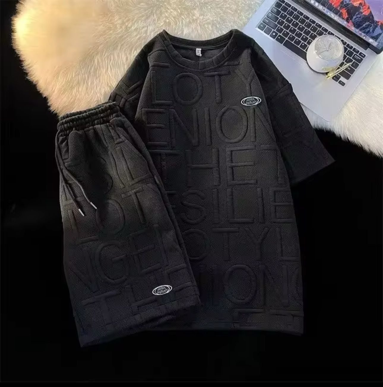T shirt Shorts 2 Pieces Set Black Tracksuit Men's 3d